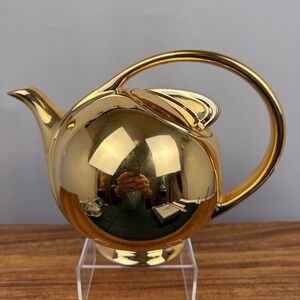 Vintage Hall China Airflow Teapot 22K Gold Flash 3111 Mid Century Modern Gold